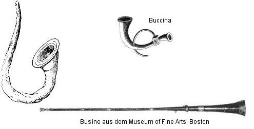 Buccina  из рога  и  металла, а  также  военная  металлическая  труба  Busine